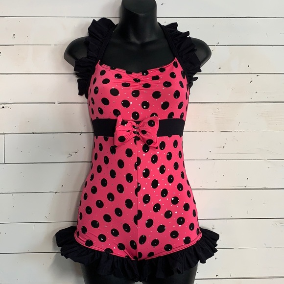 VTG 90’s Polka Dot Ruffled Leotard Dance Halloween Costume Hot Pink & Black XS